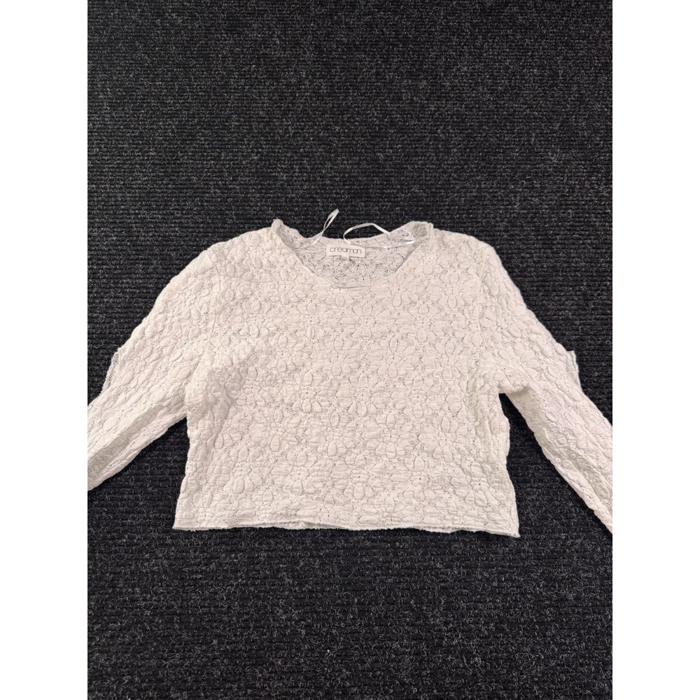 Creaman Women Medium White Lace Crop Top Long Sleeve Bow Detail Coquette